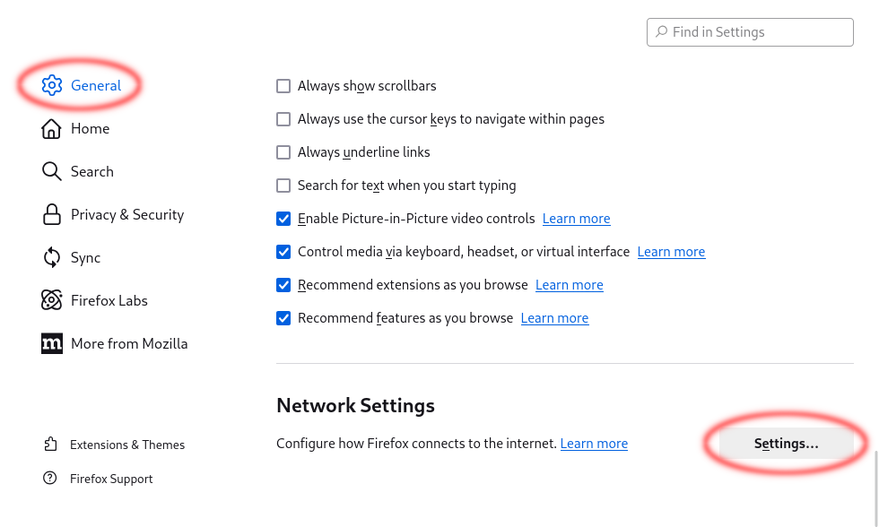 Firefox general settings